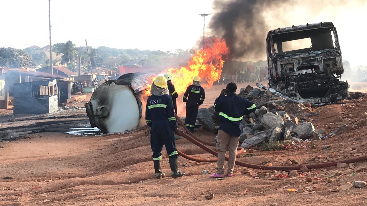 C/R: Fire engulfs fuel tanker after explosion at Potsin Junction